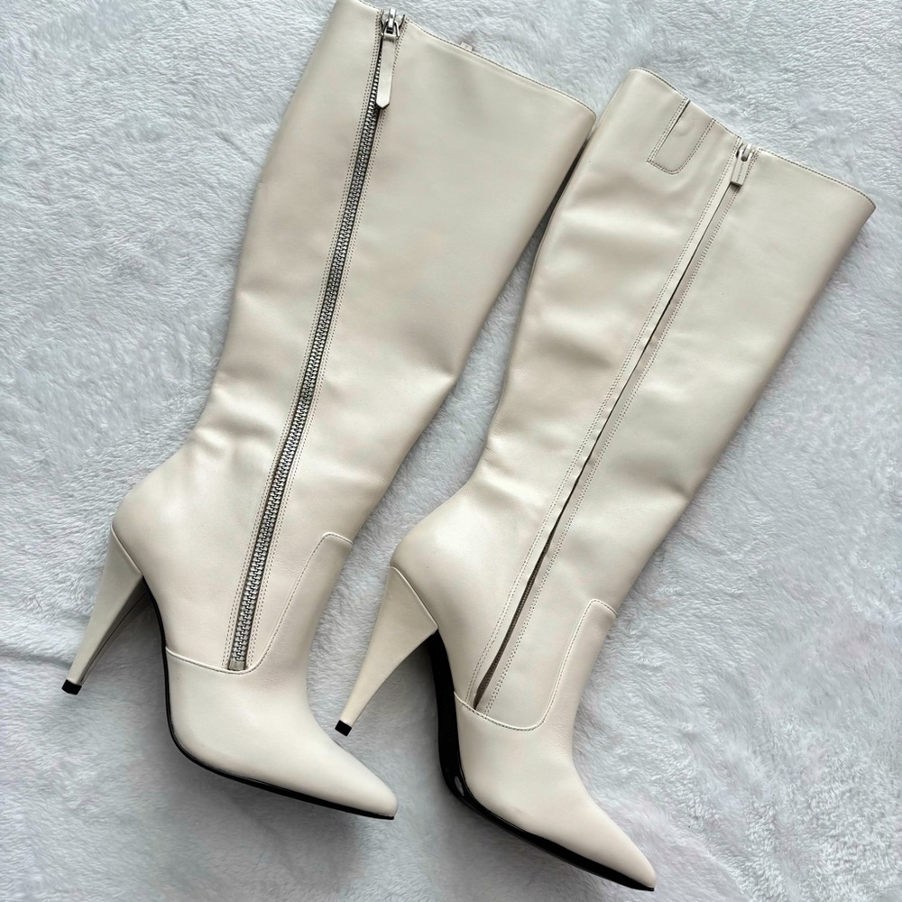 VINCE CAMUTO Alessa Cream Leather Wide Calf Knee High Heeled Boots--NEW--7.5WC